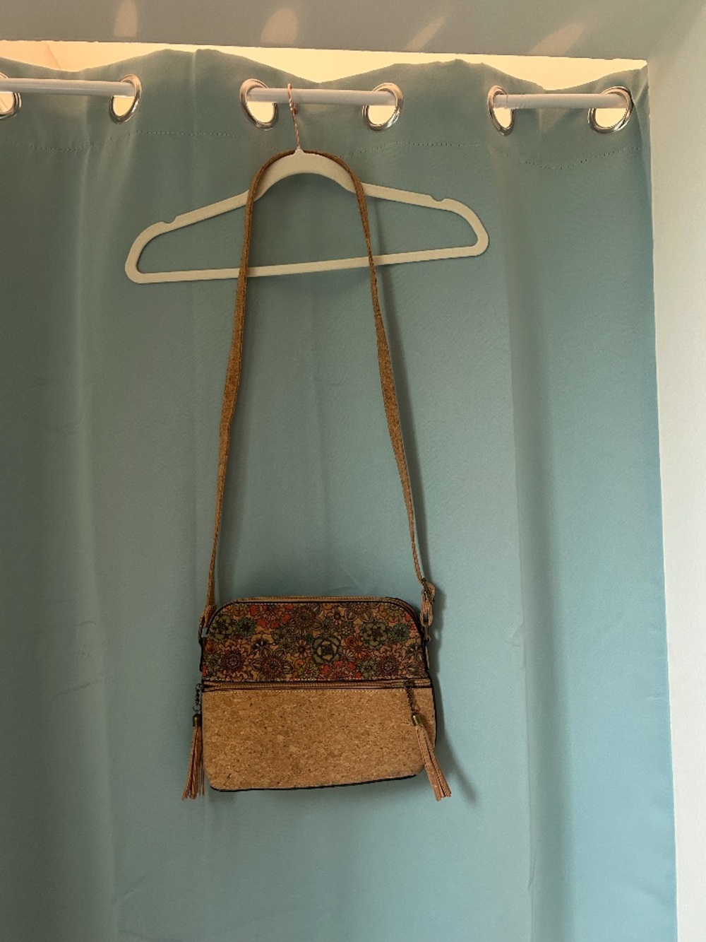 Vintage Cork & Floral Crossbody Bag | Boho Tassel Purse | Adjustable Strap